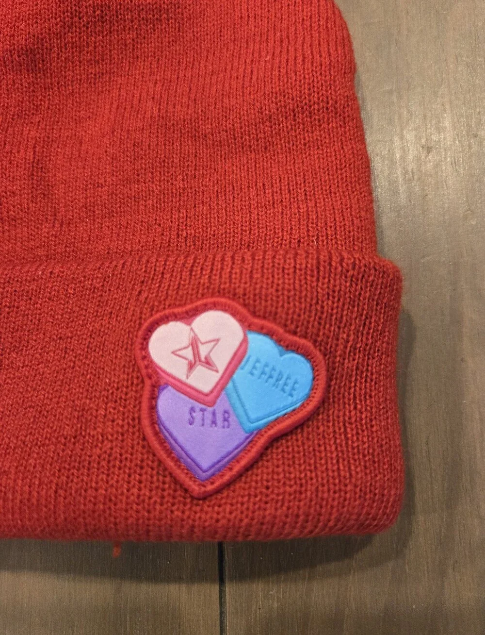 Red Jeffree Star Limited Edition Valentines Day Beanie with Heart Patches